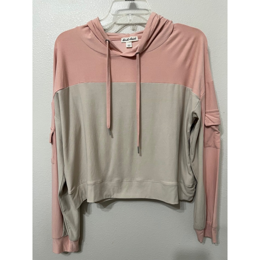 Derek Heart Colorblock Crop Hoodie Cargo Pockets Drawstring Pink Tan Womens L